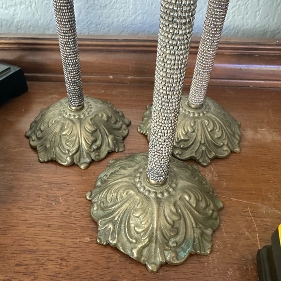 3 brass candle holders with crystal beading and crystal dangles - Picture 8 of 12